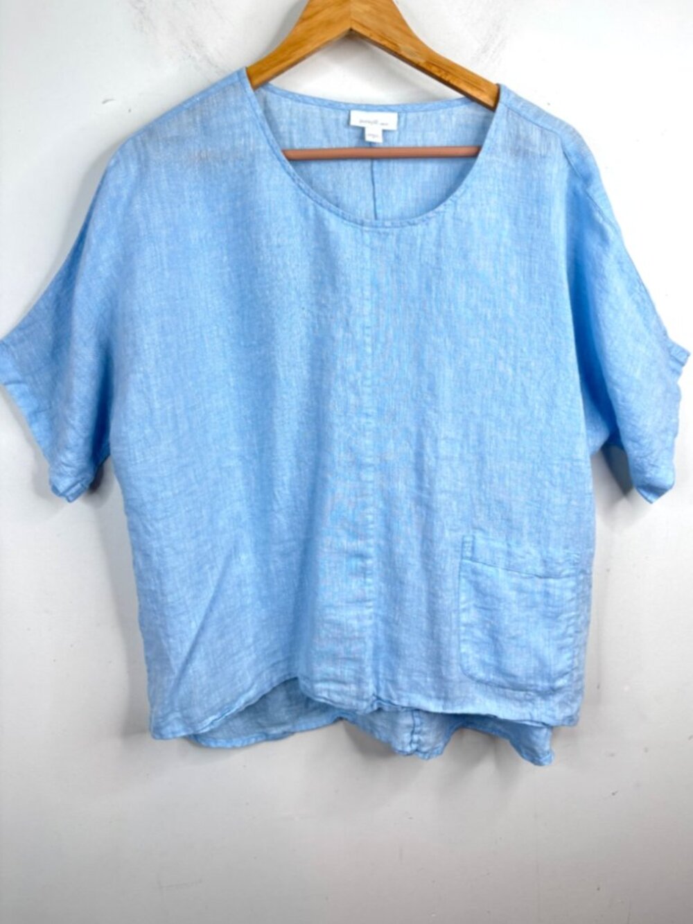 J Jill 100% Linen Boxy Top M Blue Short Sleeve Coastal Lightweight Beach Pocket
